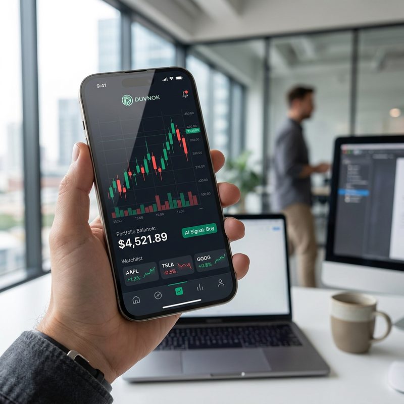 تطبيق Duvnok على هاتف محمول يعرض رسمًا بالشموع اليابانية ورصيد المحفظة وقائمة مراقبة للأصول