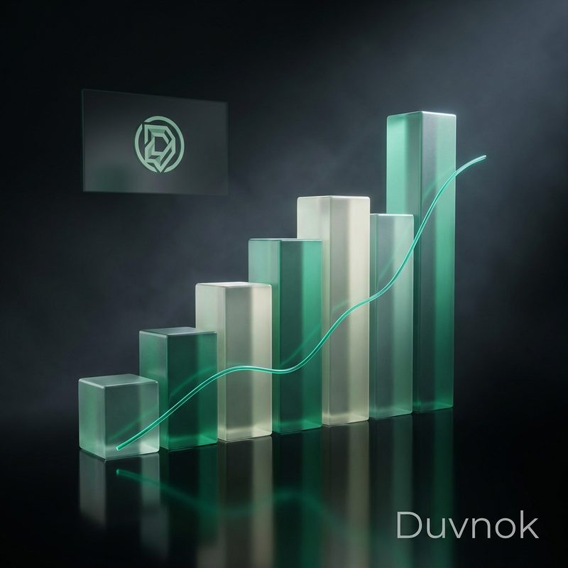 أعمدة زجاجية متصاعدة يعبرها منحنى أخضر مضيء أمام خلفية داكنة، وشعار Duvnok إلى الجانب